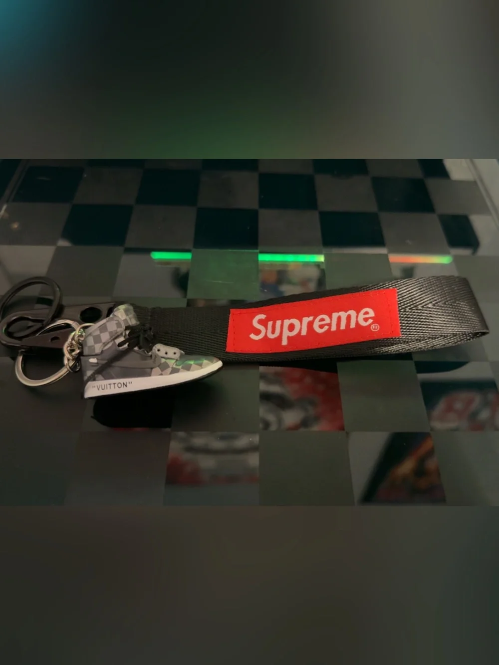 Supreme Black & Red Branded Keychain Lanyard with mini LV Nike charm